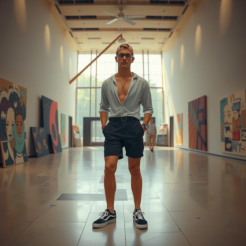 Men Admiring Art in Brutalist Museum, Photorealistic Style