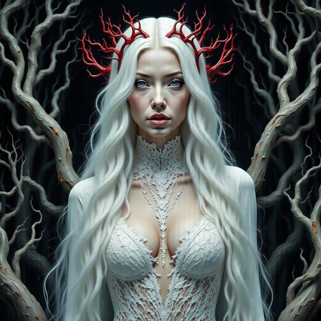 Albino Woman with Thorn Crown in Hyper-Realistic Style