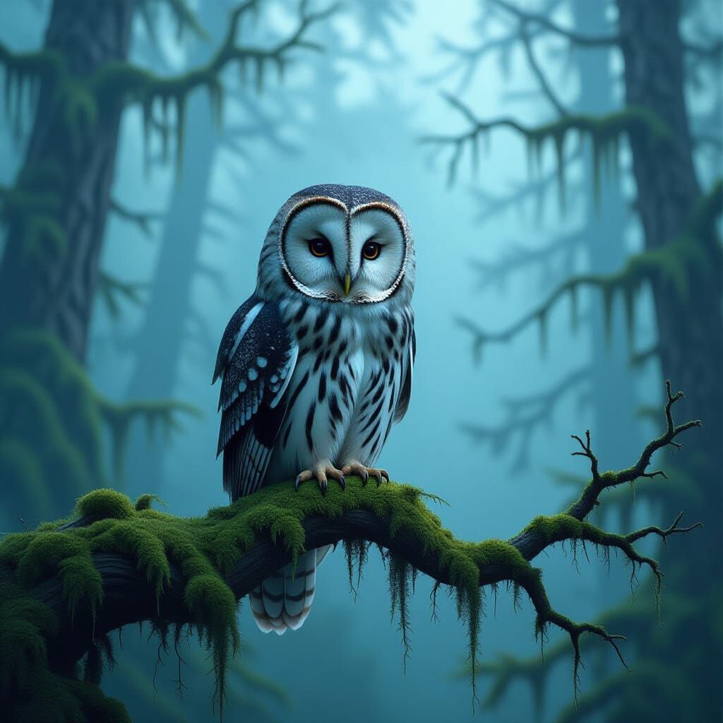 Lonely Owl in Misty Twilight Forest