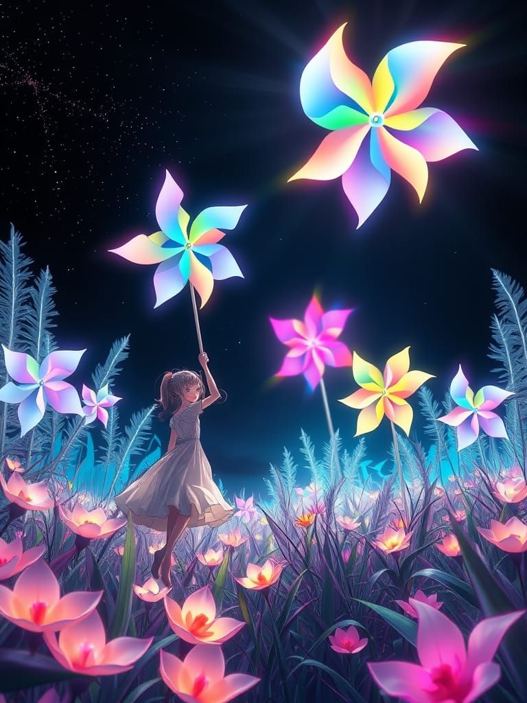 Glowing Girls in a Surreal Anime Landscape