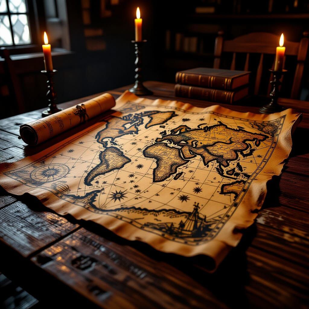 Ancient Map of Forgotten Continent on Tavern Table