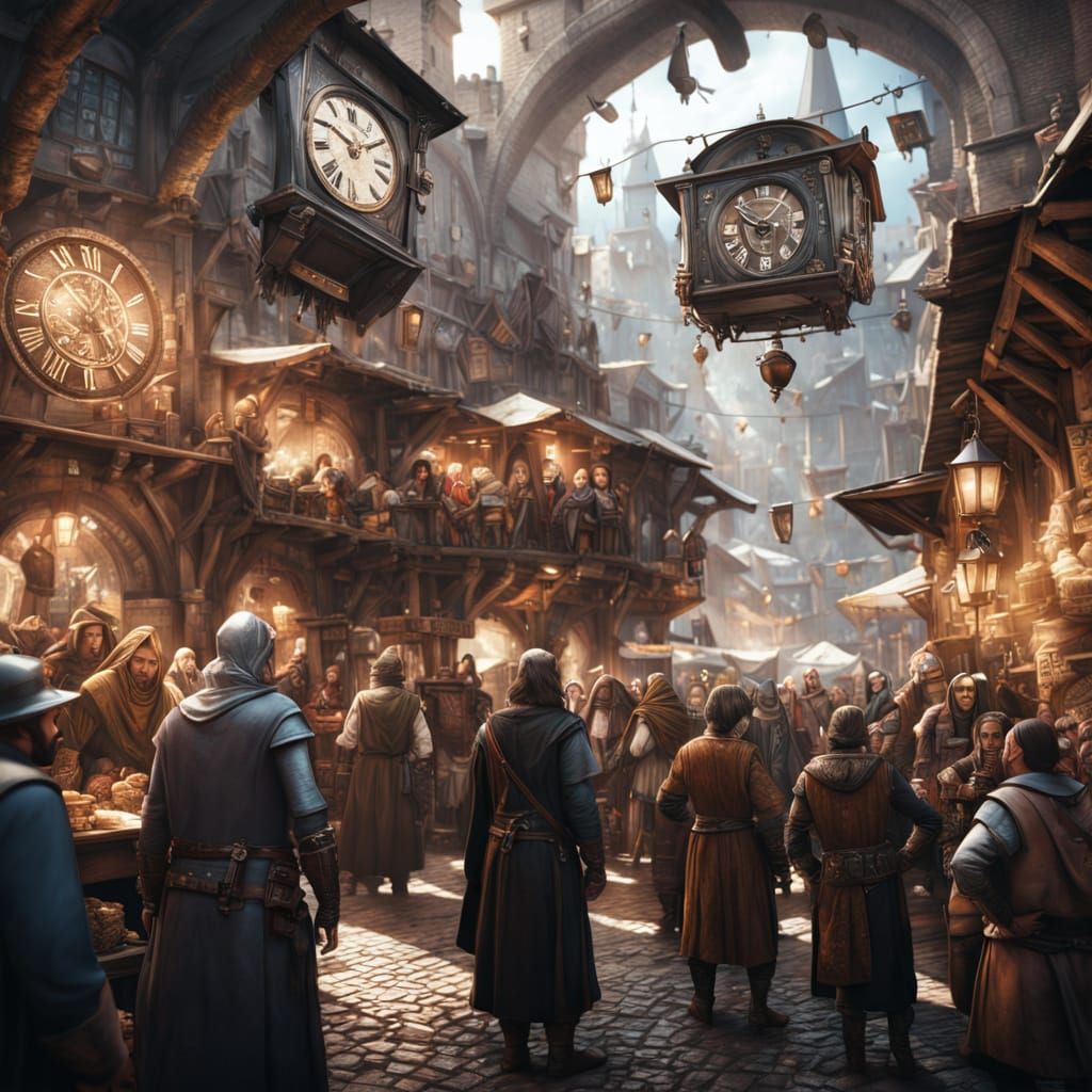 Time Machine Disrupts Medieval Market: Photorealistic Still