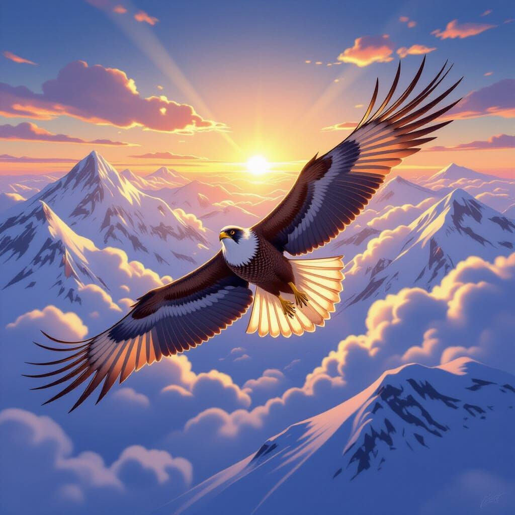 Falcon Soaring Above Snowy Peaks in Anime Style