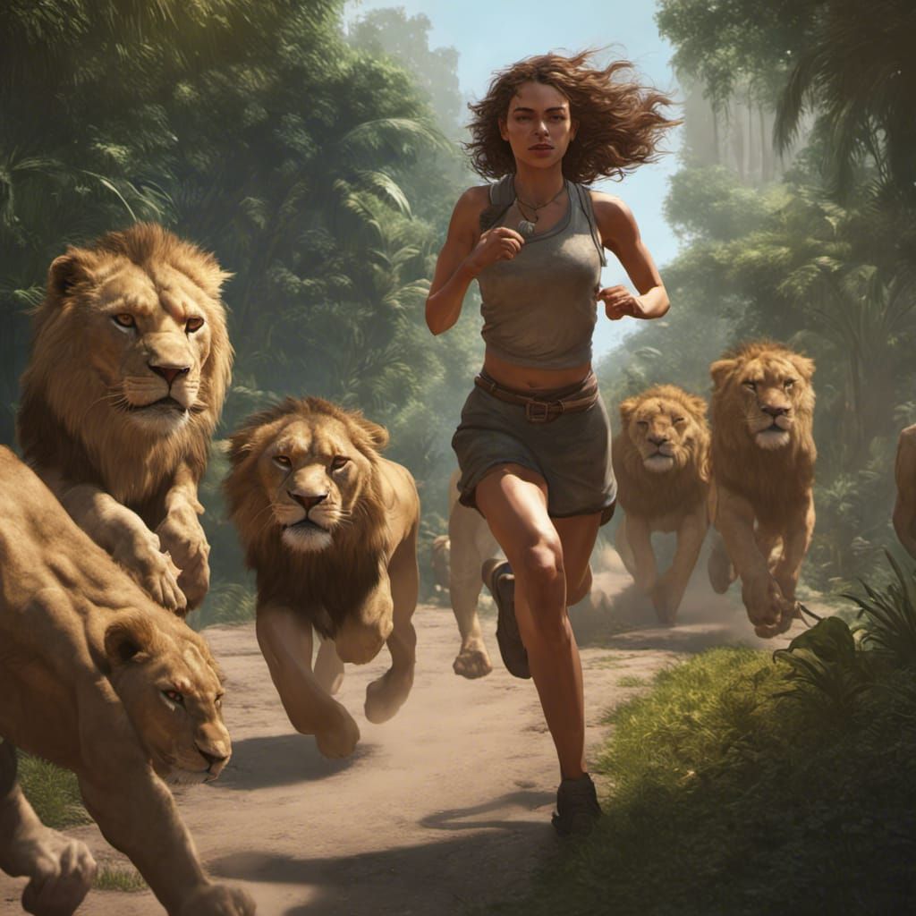 Girl Runs with Lions: Hyperdetailed Jungle Art