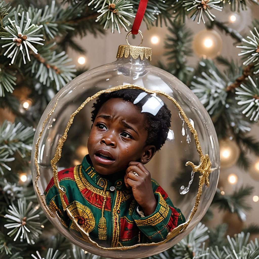 African Boy Crying in Christmas Ornament