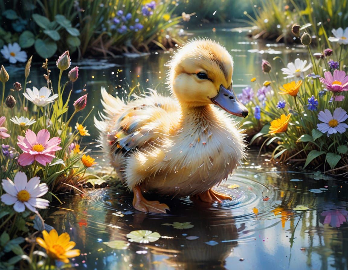 Playful Duckling in Sunlit River Garden as Watercolor
