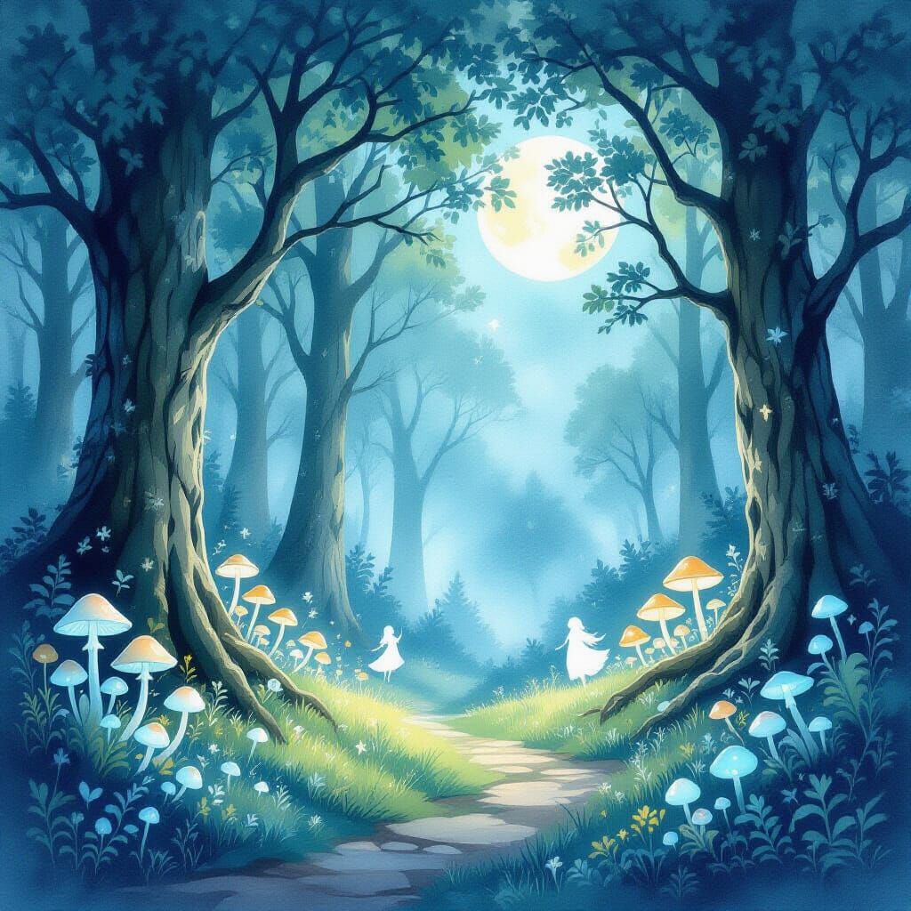 Enchanted Forest Clearing Bathed in Moonlight