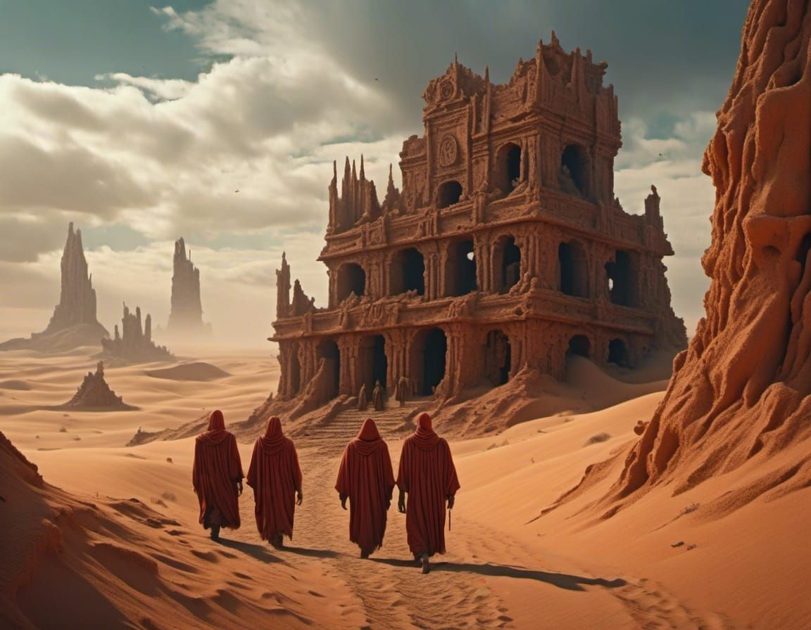 <lora:Beauty:1.0> Three Fremen in stillsuits and russet desert robes walk past the ruins of an ancient temple on Dune. P...