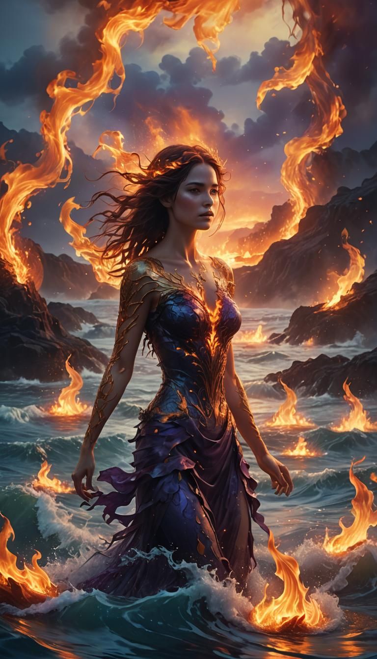 Woman in Burning Sea: Fantasy Concept Art