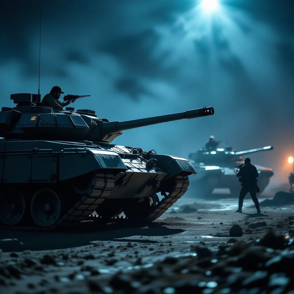 Tortoises Before a Tank: Cinematic Still