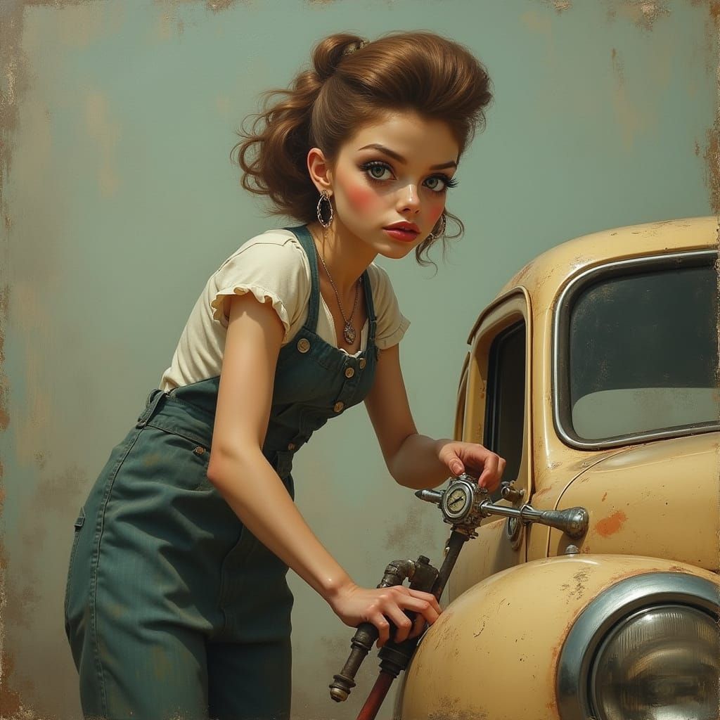 Whimsical Mechanic Pin-Up at Work