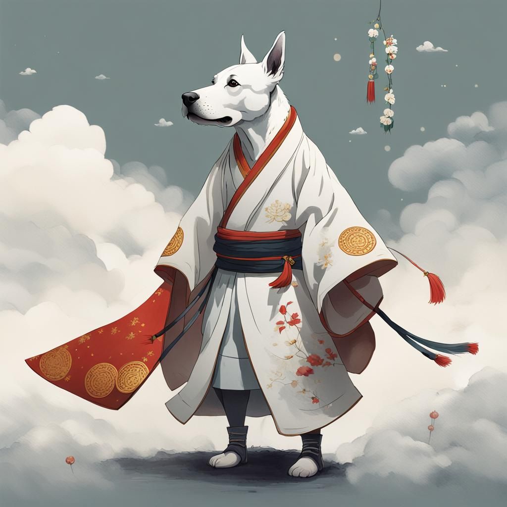 Dog in Hanfu Robe Walking on Air