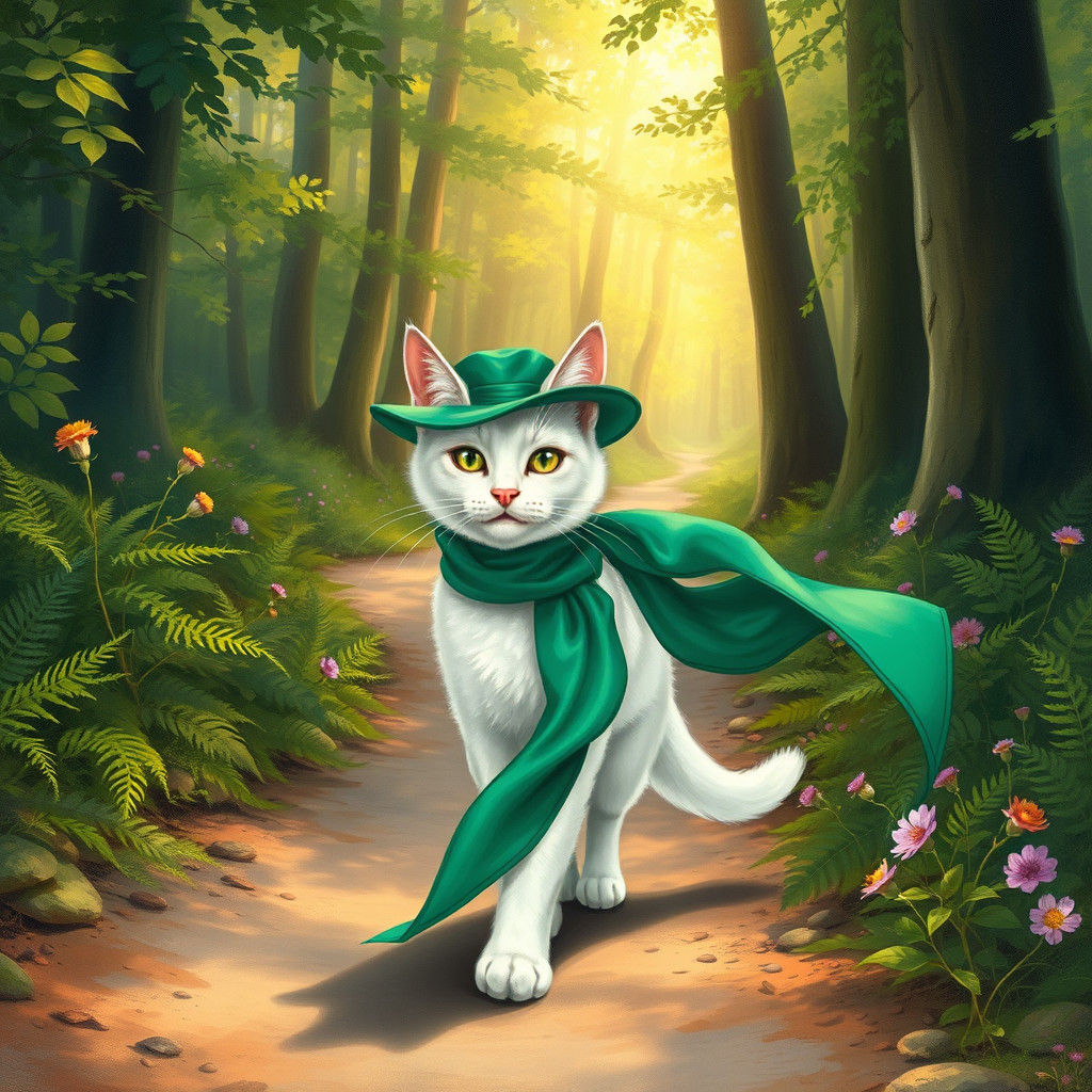 Serene Cat in Forest, Watercolor and Oil Painting