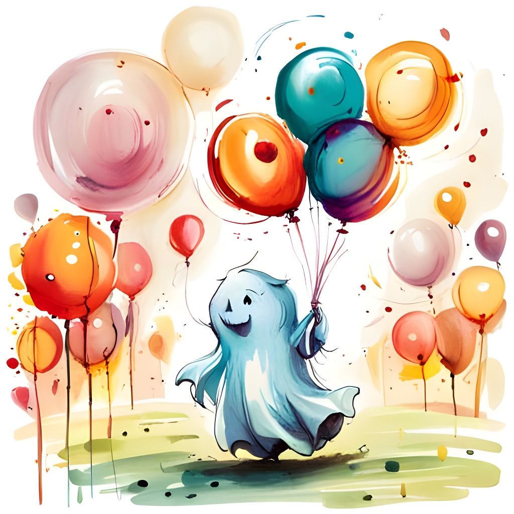 Adorable Cartoon Ghost Chasing Balloons, Disney Style