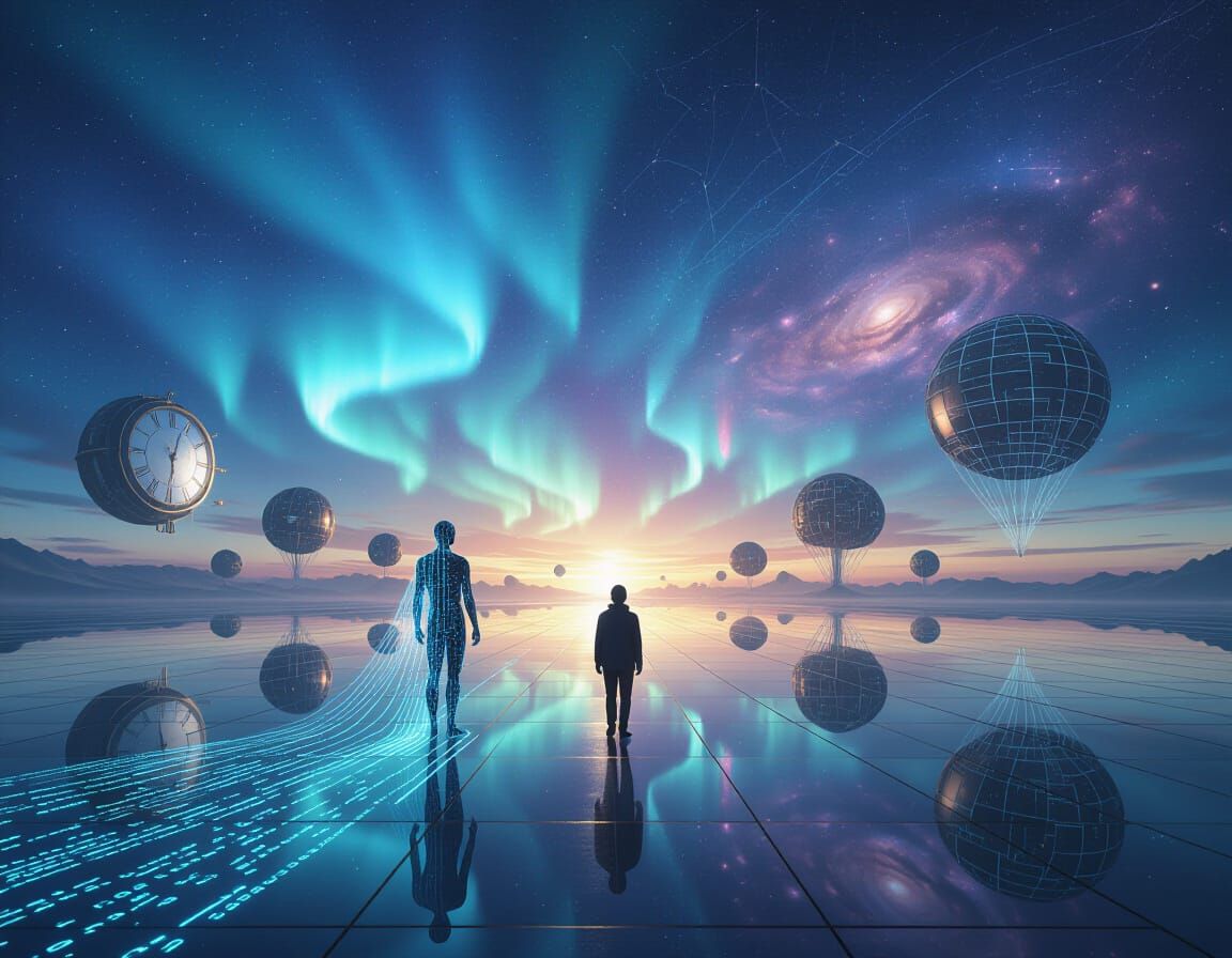 Surreal Data Landscape with Figure and Aurora Sky