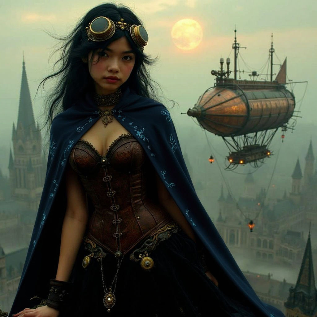 Retro-Futuristic Airship Maiden in Victorian City