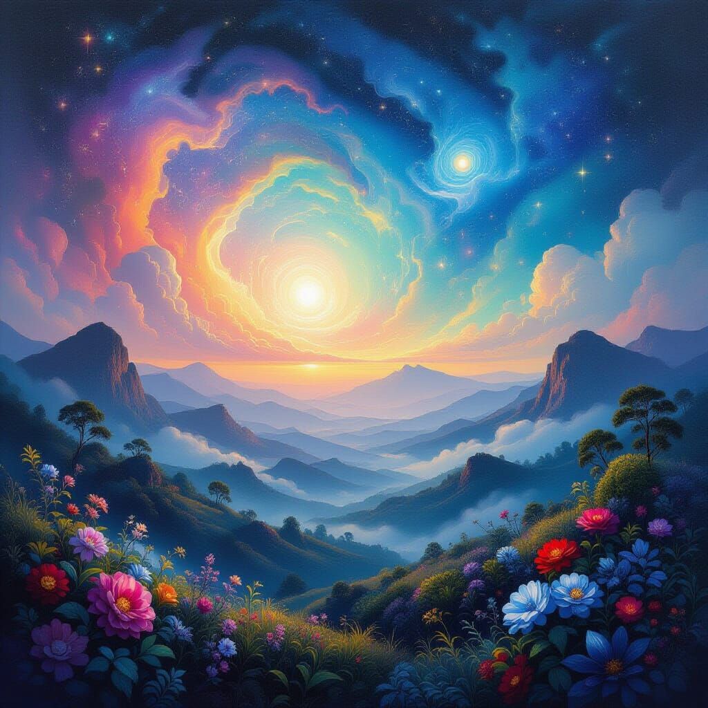 Dreamlike Surrealist Landscape with Bioluminescent Flora