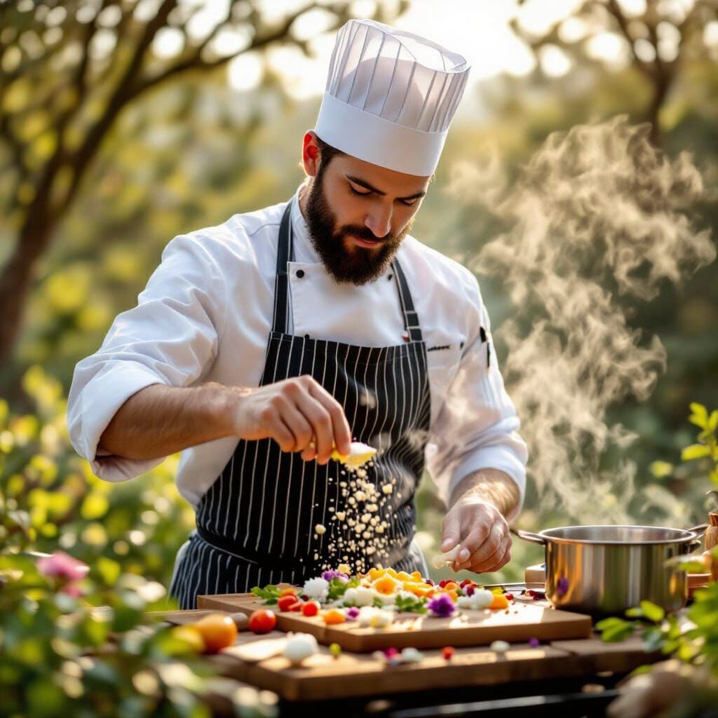 Chef Sprinkling Flowers in Natural Outdoor Kitchen