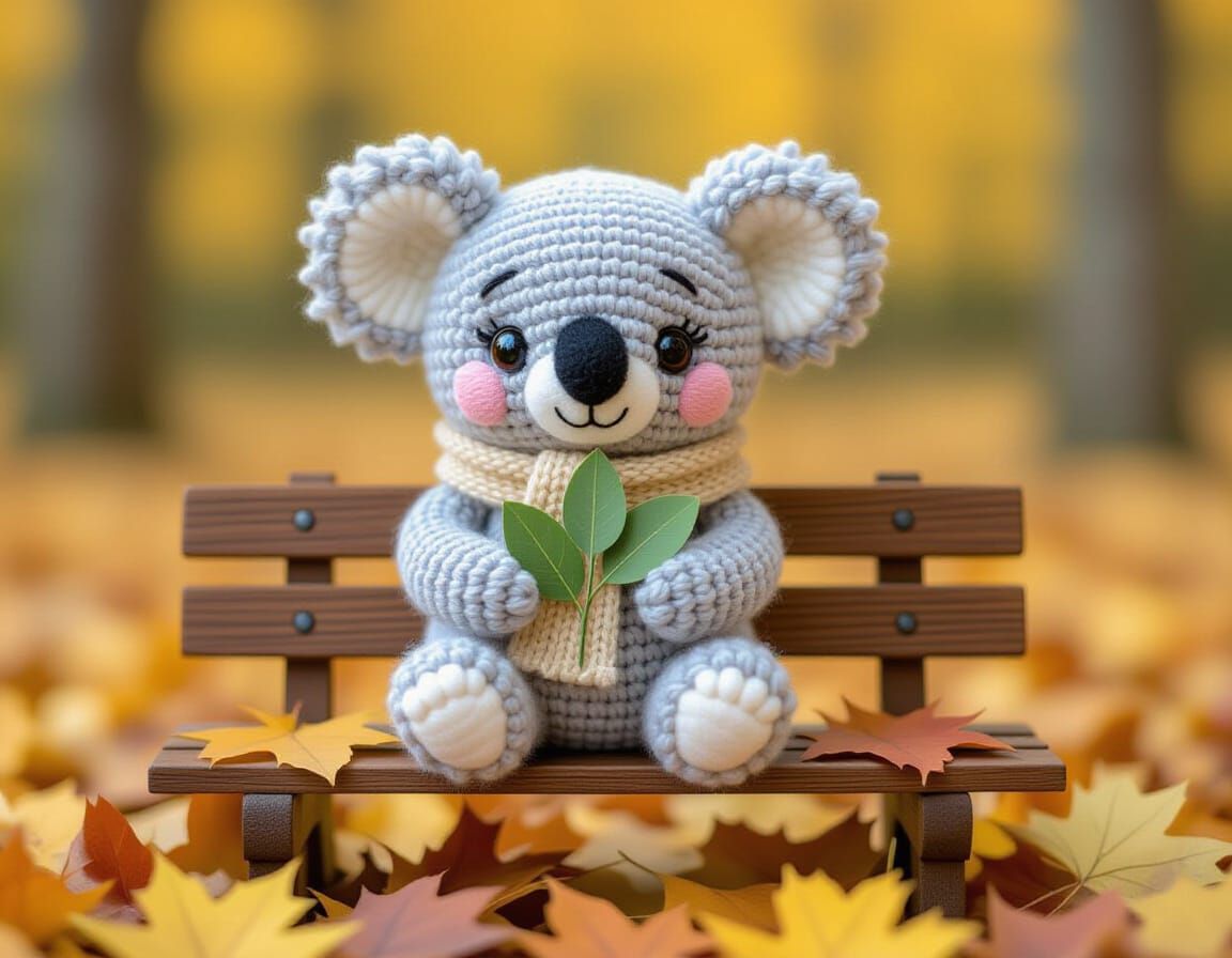 Miniature Koala in Autumn, Stylized Amigurumi Plush