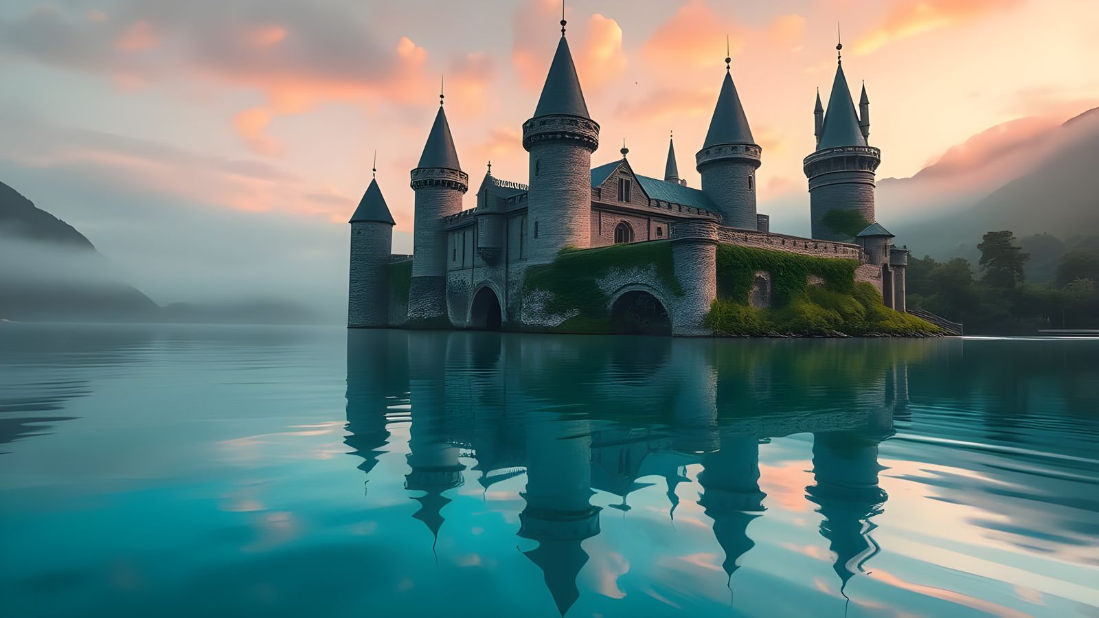 Majestic Medieval Castle Reflecting on Turquoise Water
