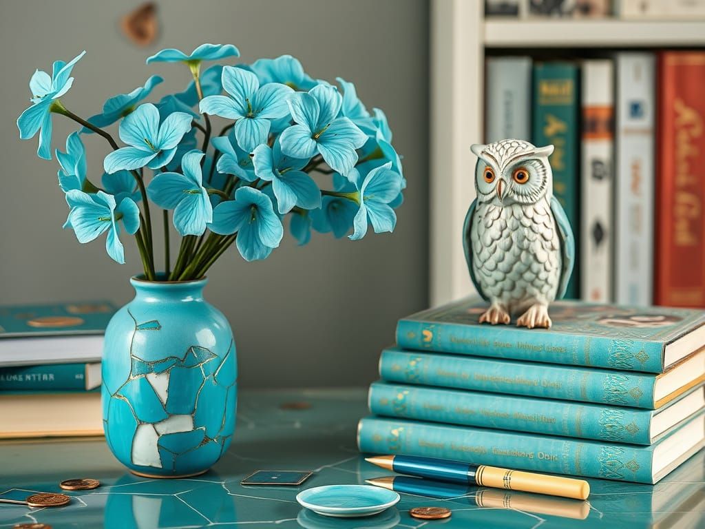 Kintsugi Owl Statue with Cyan Flowers