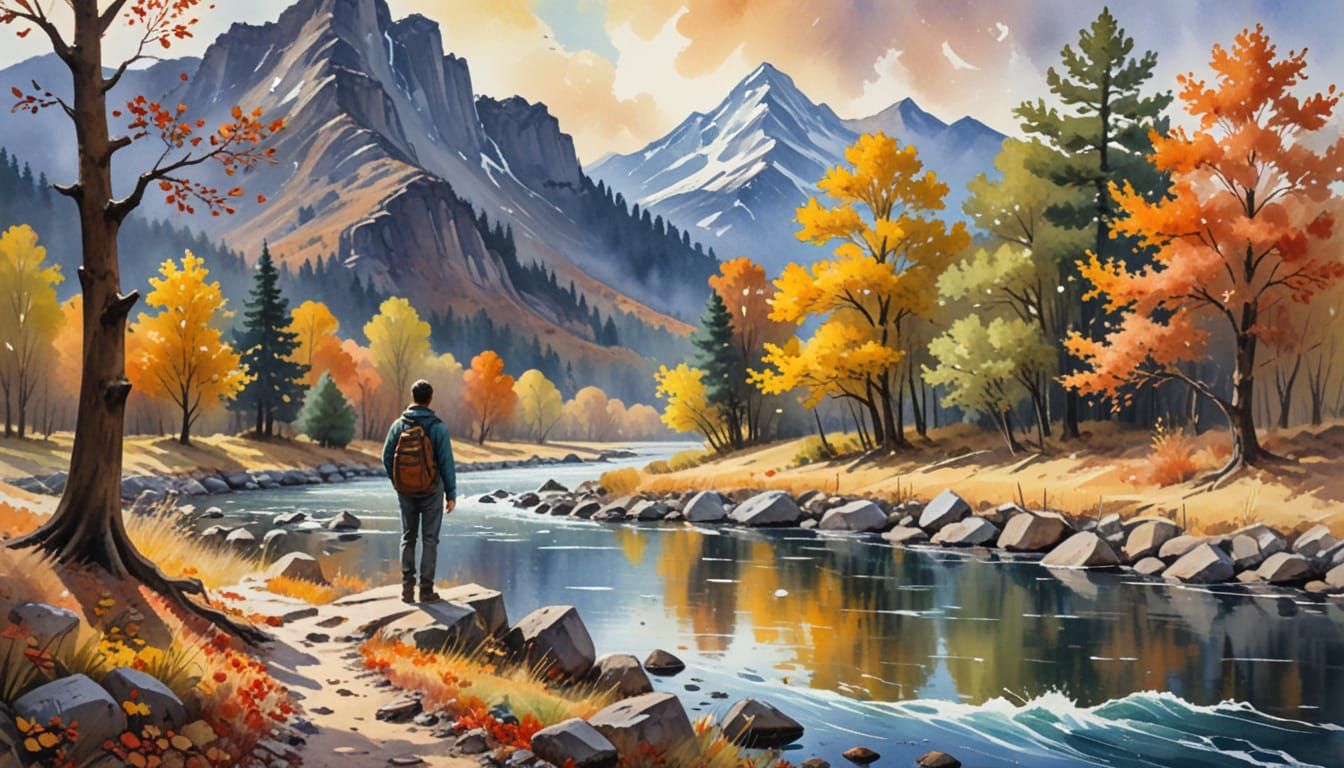 Watercolor Masterpiece: Autumn to Winter Mountain River Scen...