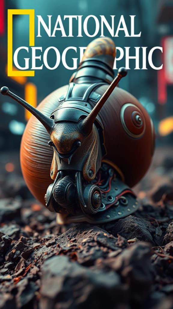 Biomechanical Snail in Cyberpunk Dystopia