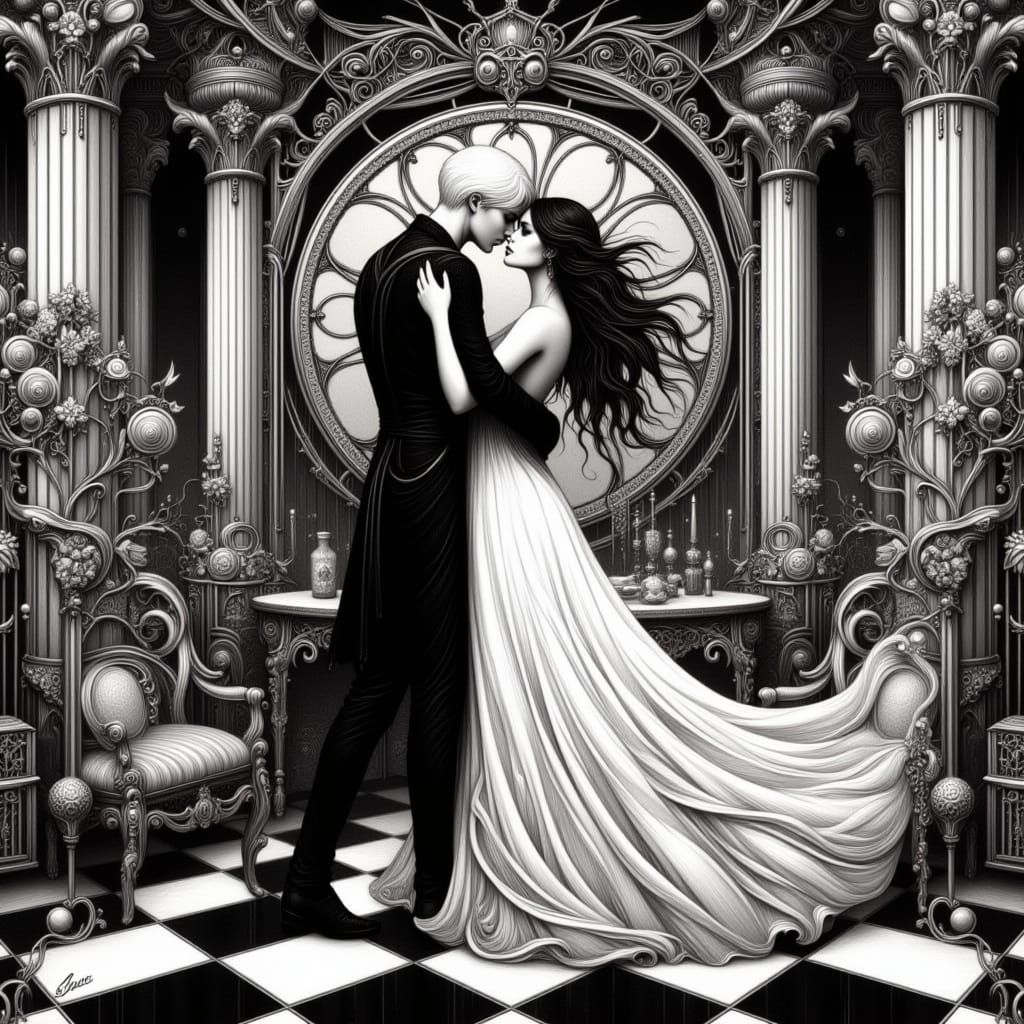 Elegant Art Nouveau Dance in Black and White