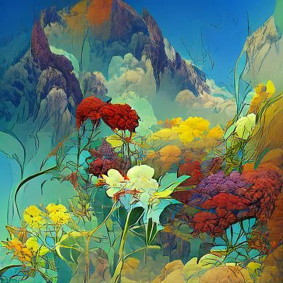 Fantasy Forest with Colorful Flowers in Art Nouveau Style