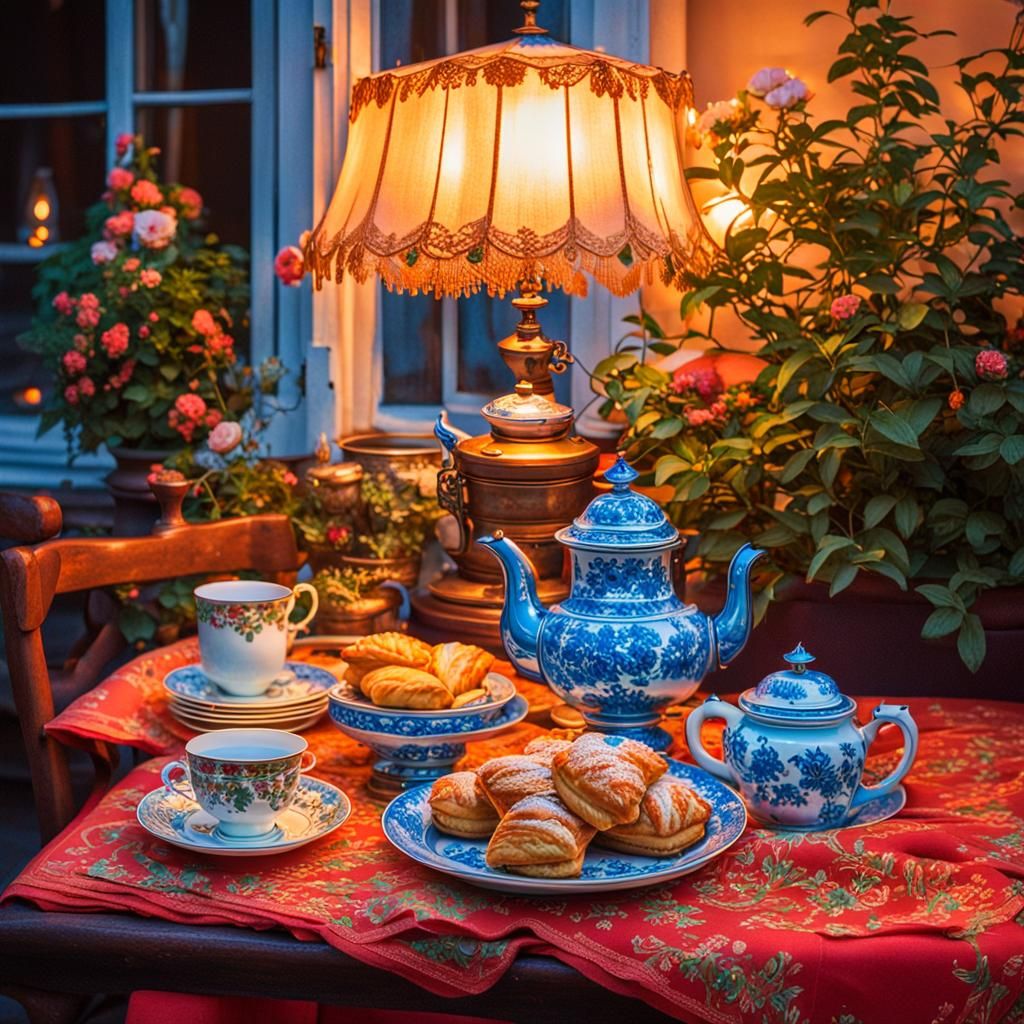 Cozy Russian Dacha Scene with Tea and Pastries