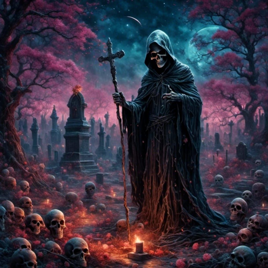 Grim Reaper in Cemetery Watercolor and Ink