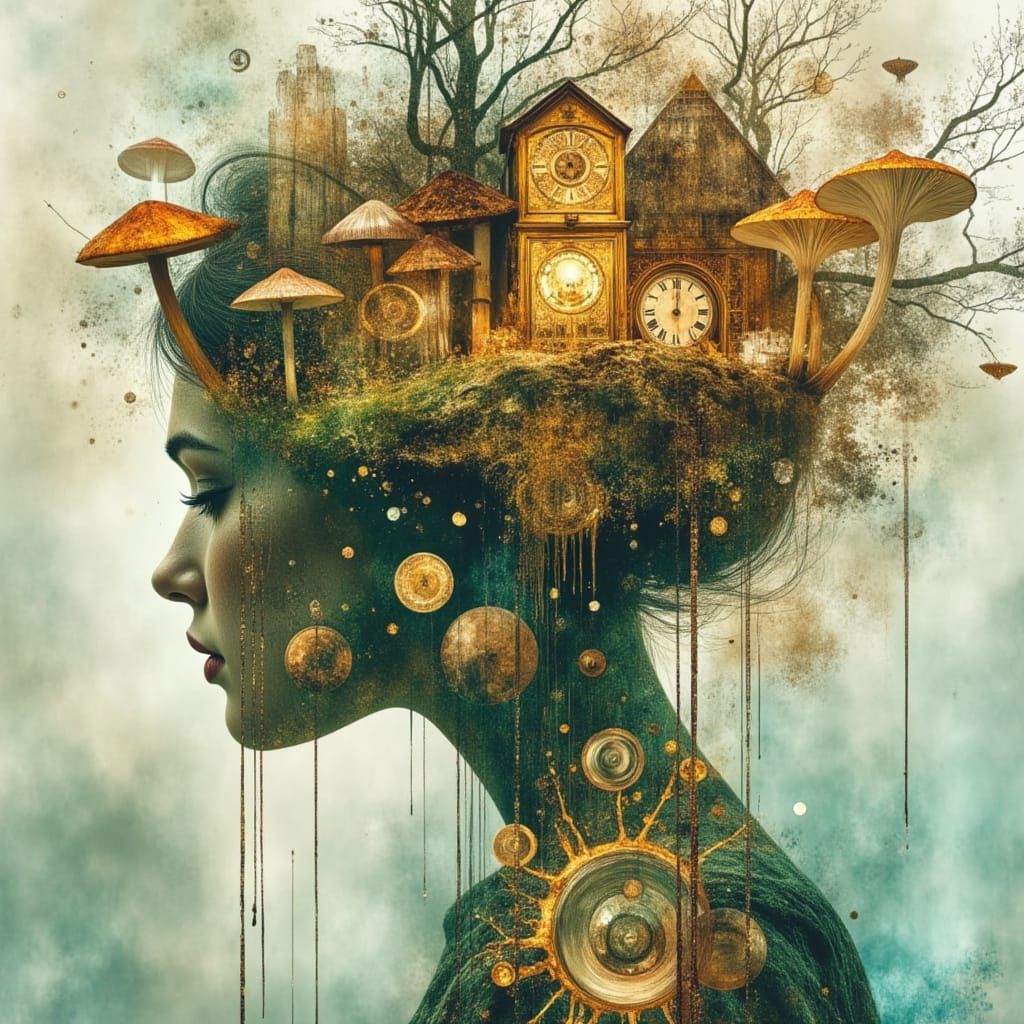 Dreamlike Hair Forest with Mushrooms and Fairy Lights