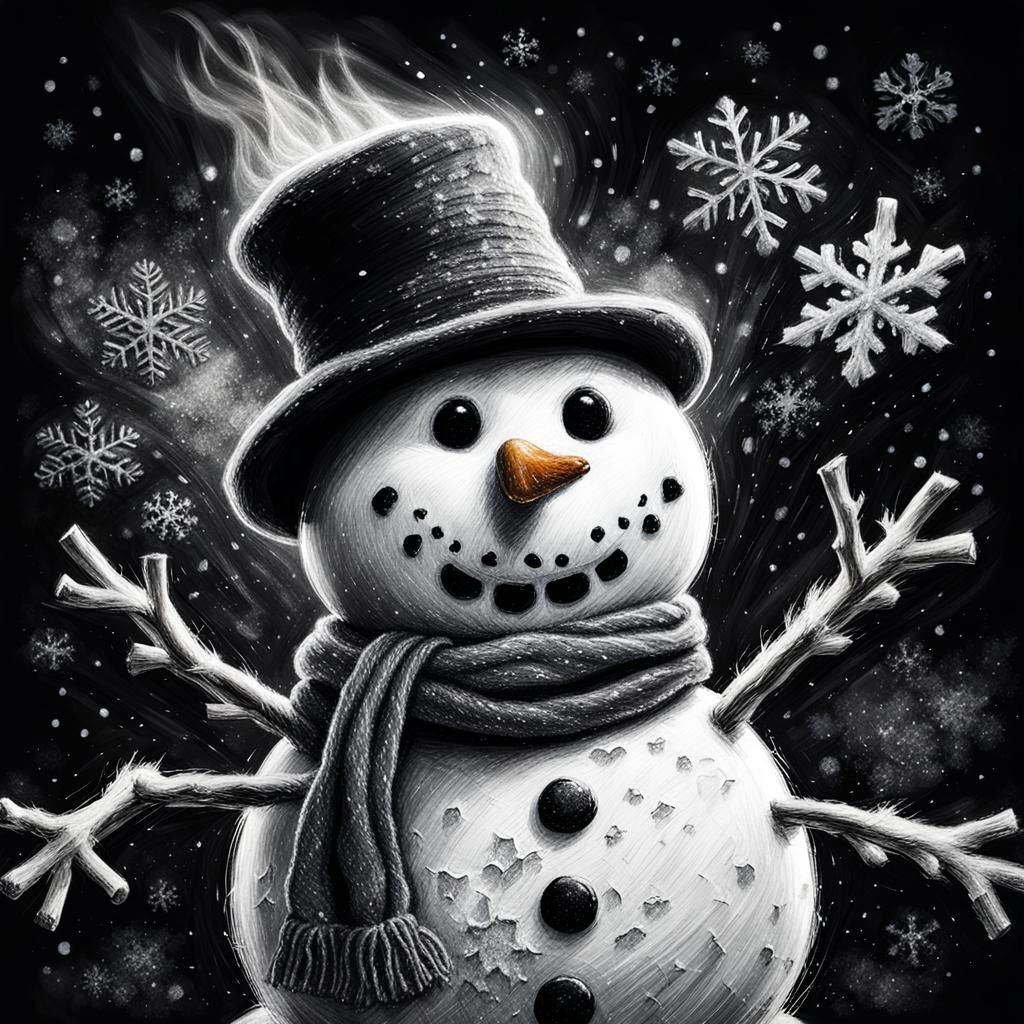 Charcoal Snowman in Fiery Winter Landscape