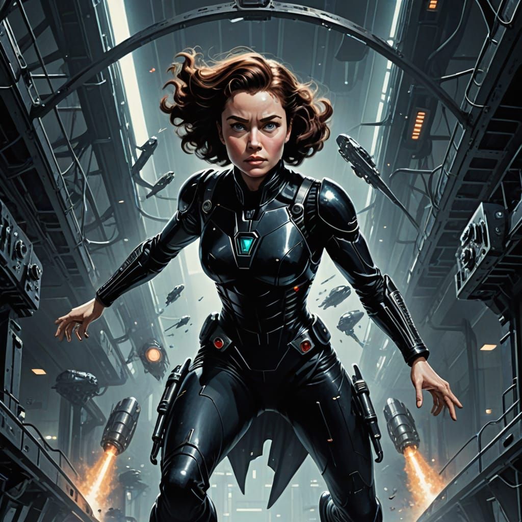 Woman Leaping in Secret Spy Facility with Alien Drone