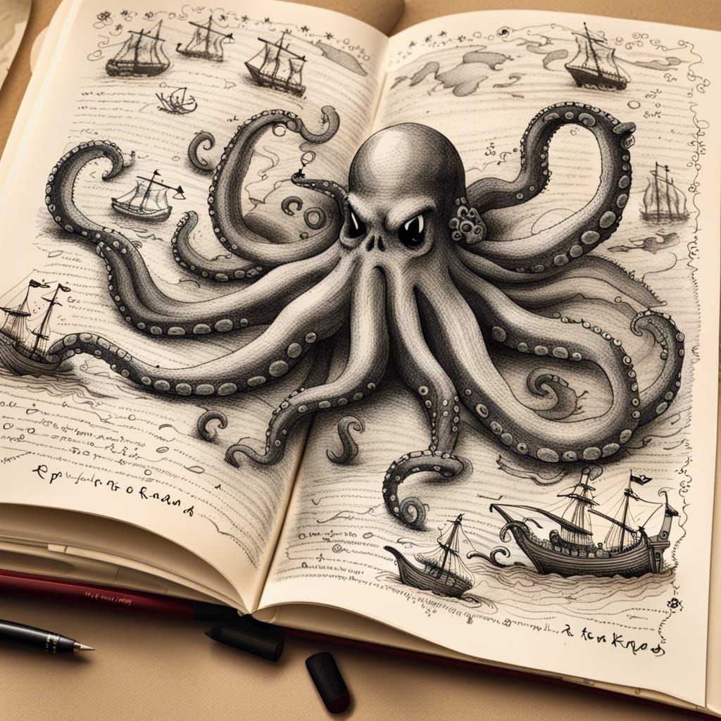 Kraken Attack in Pirate Book: Inky Illustration