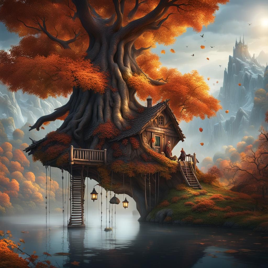 Autumnal Tree Cabin in Forest, Detailed Matte Painting