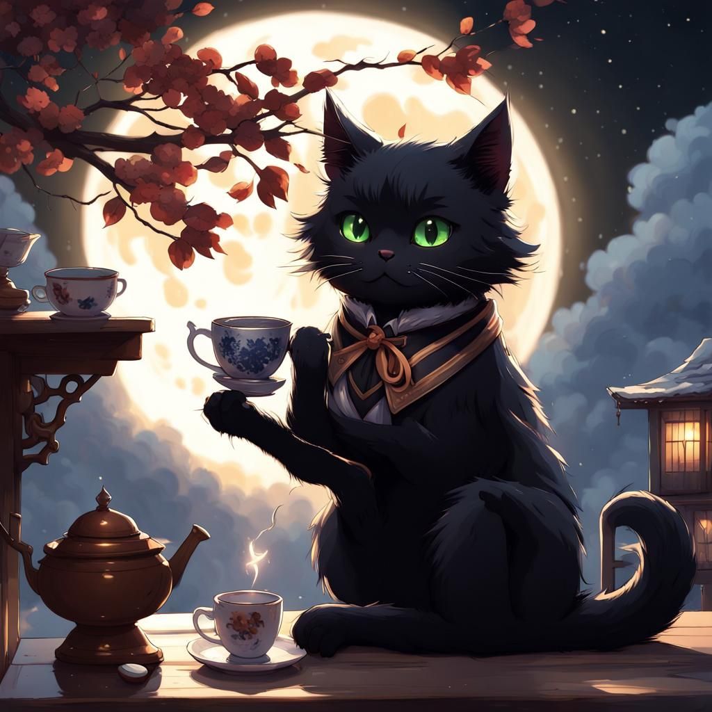 Fierce Black Cat Having Tea, Anime Digital Art