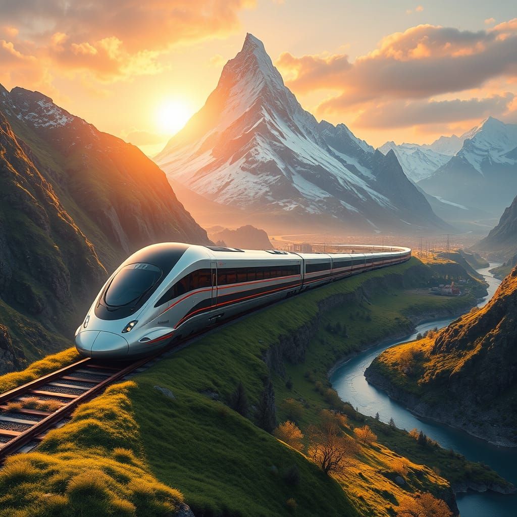 Futuristic Train Glides Across Glowing Track Amidst Majestic...