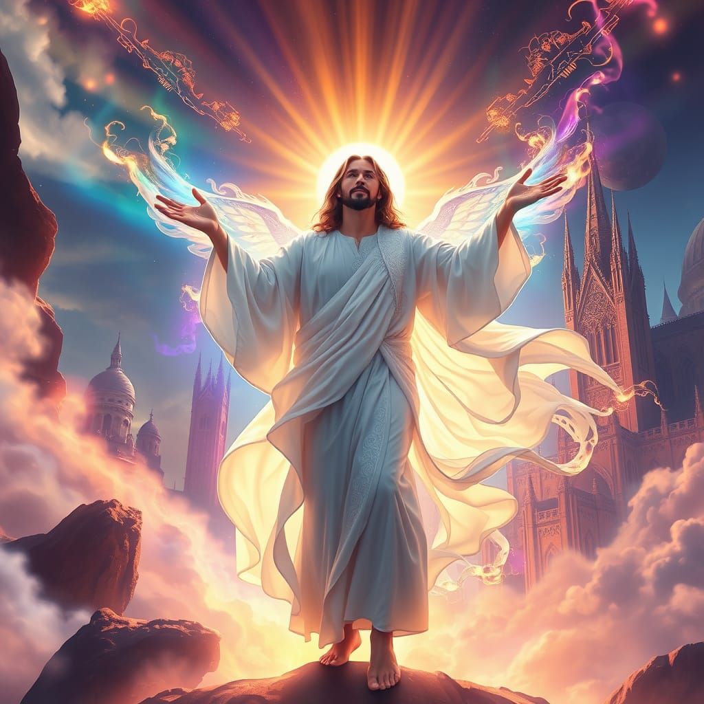 Ethereal Being Triumphs in Radiant Landscape of Wonder