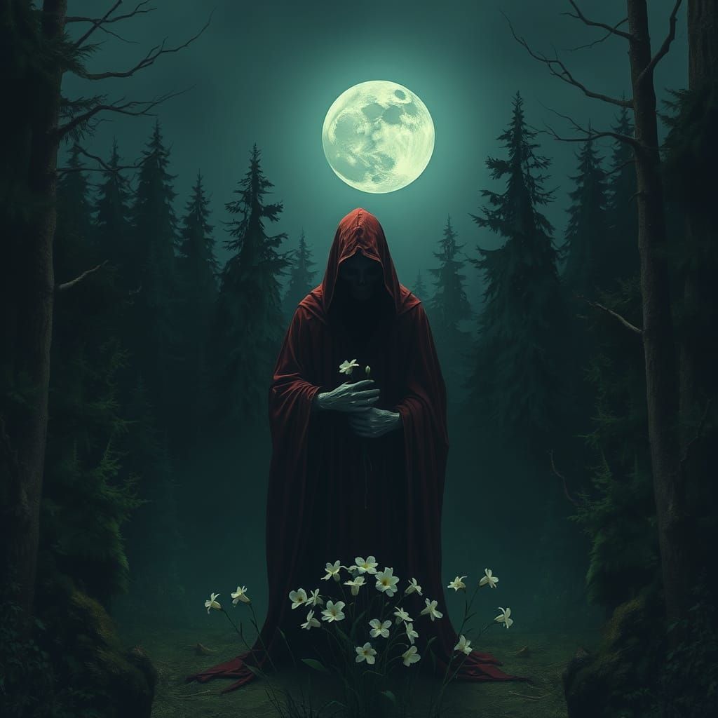 Mysterious Figure in a Dark Forest Under a Full Moon