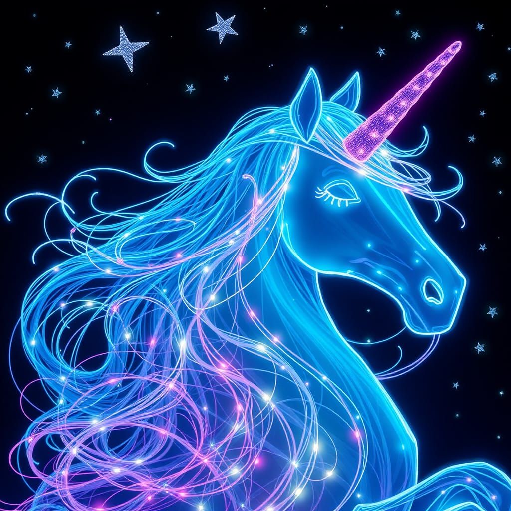 Glowing String Art Unicorn Under Starry Sky