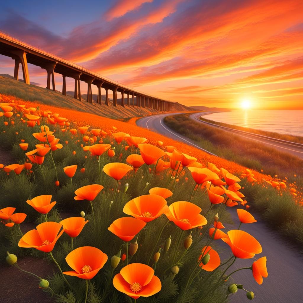 California Poppies at Sunset in Vivid Color