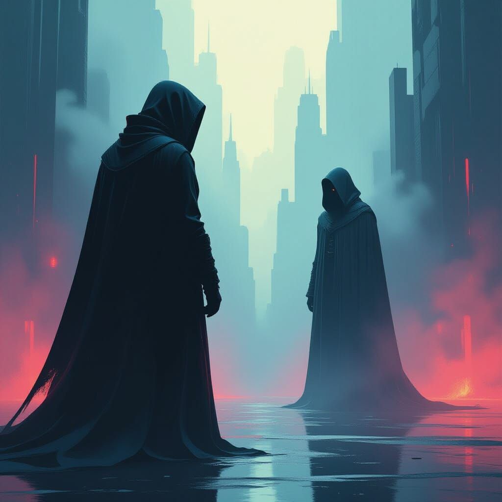 Shadowed Figure in Glowing Cyberpunk Landscape