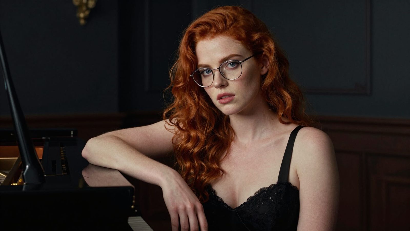 Red Haired Woman Leaning on Piano in Dark Room