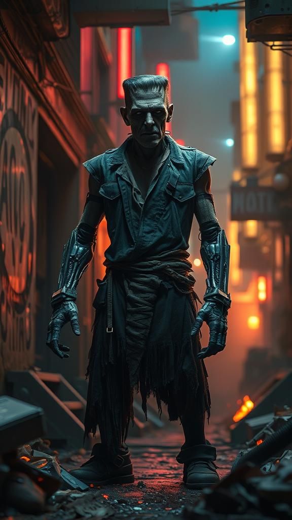 Cyberpunk Frankenstein Monster in Futuristic Alleyway