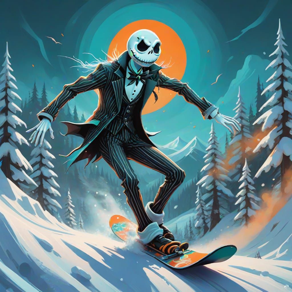 Jack Skellington Snowboarding in Comic Book Art Style