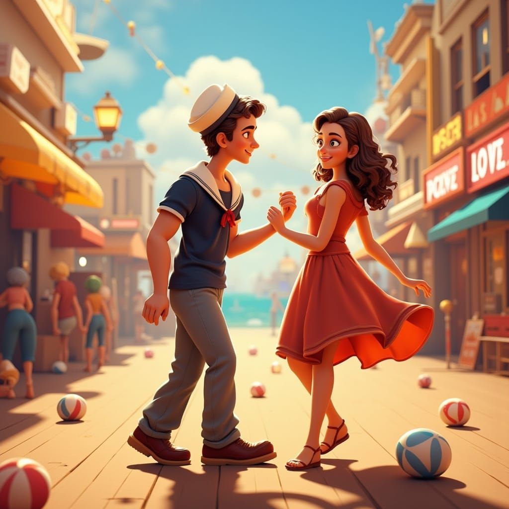 Popeye and Olive Dancing on a Boardwalk