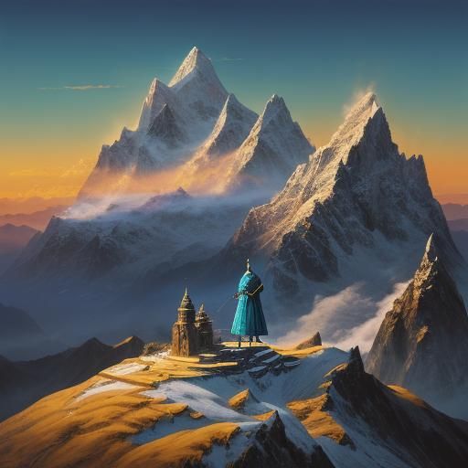 Majestic Mage on Mountain Peak in Oil Painting Style