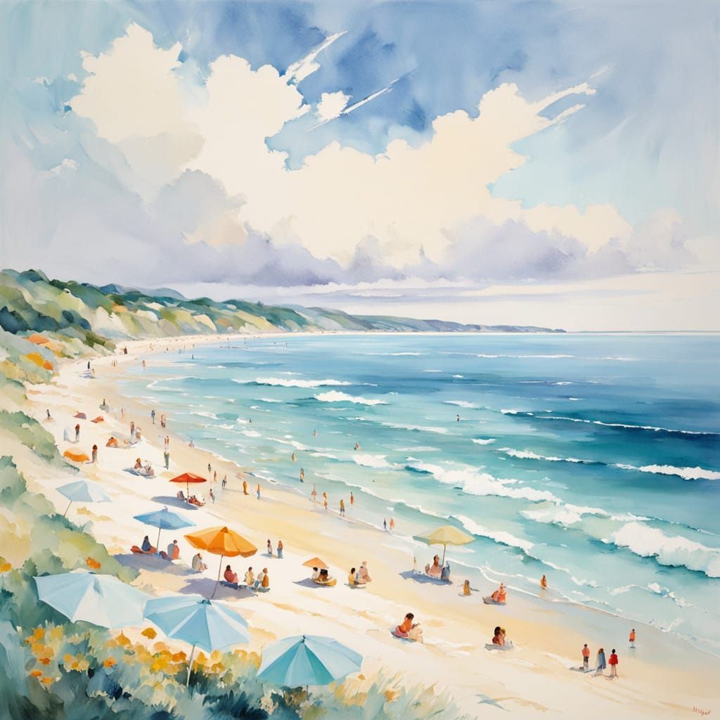 Vibrant Summer Beach Scene in Impressionistic Style