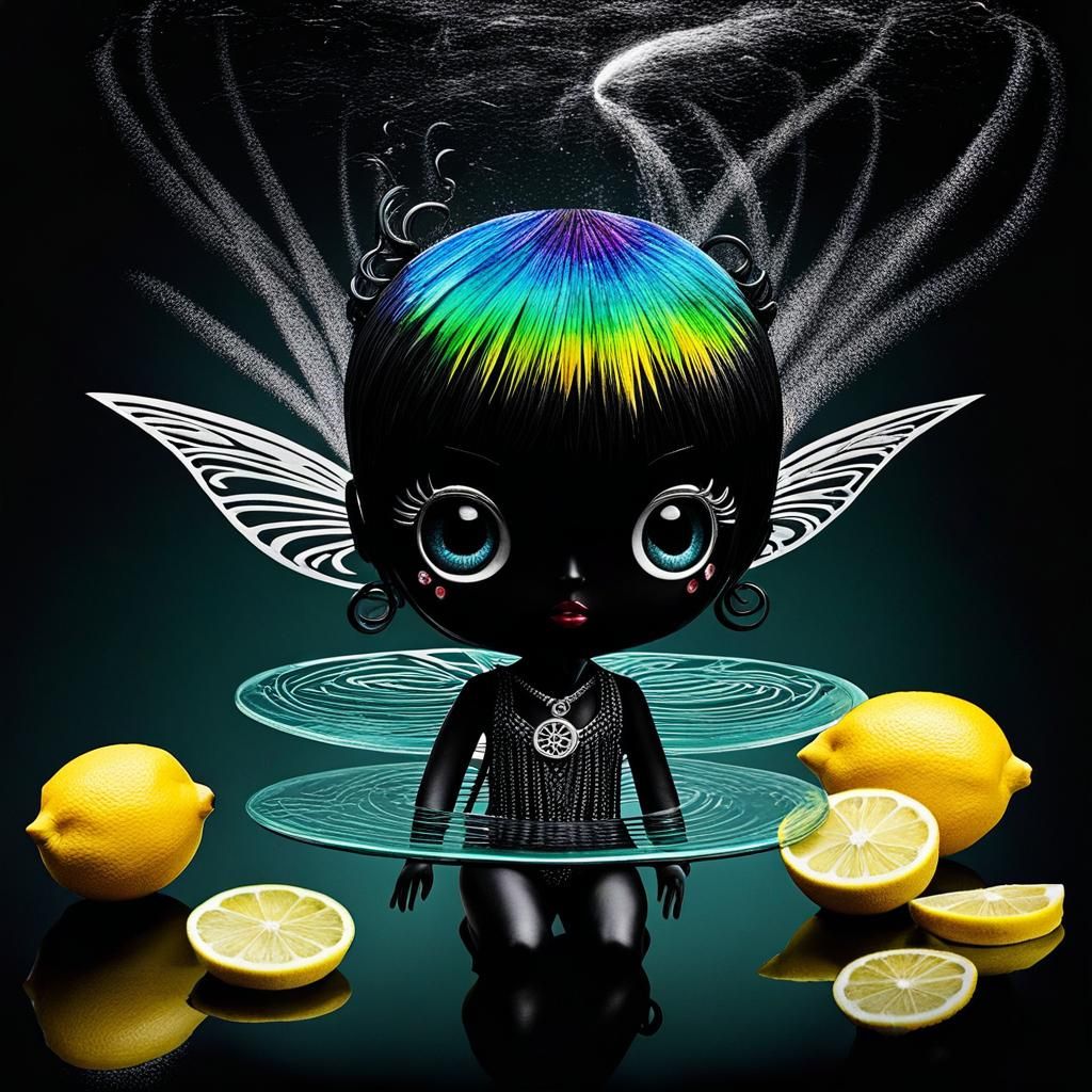 Surreal Crayon Drawing: Chibi Goth Woman in Lemonade